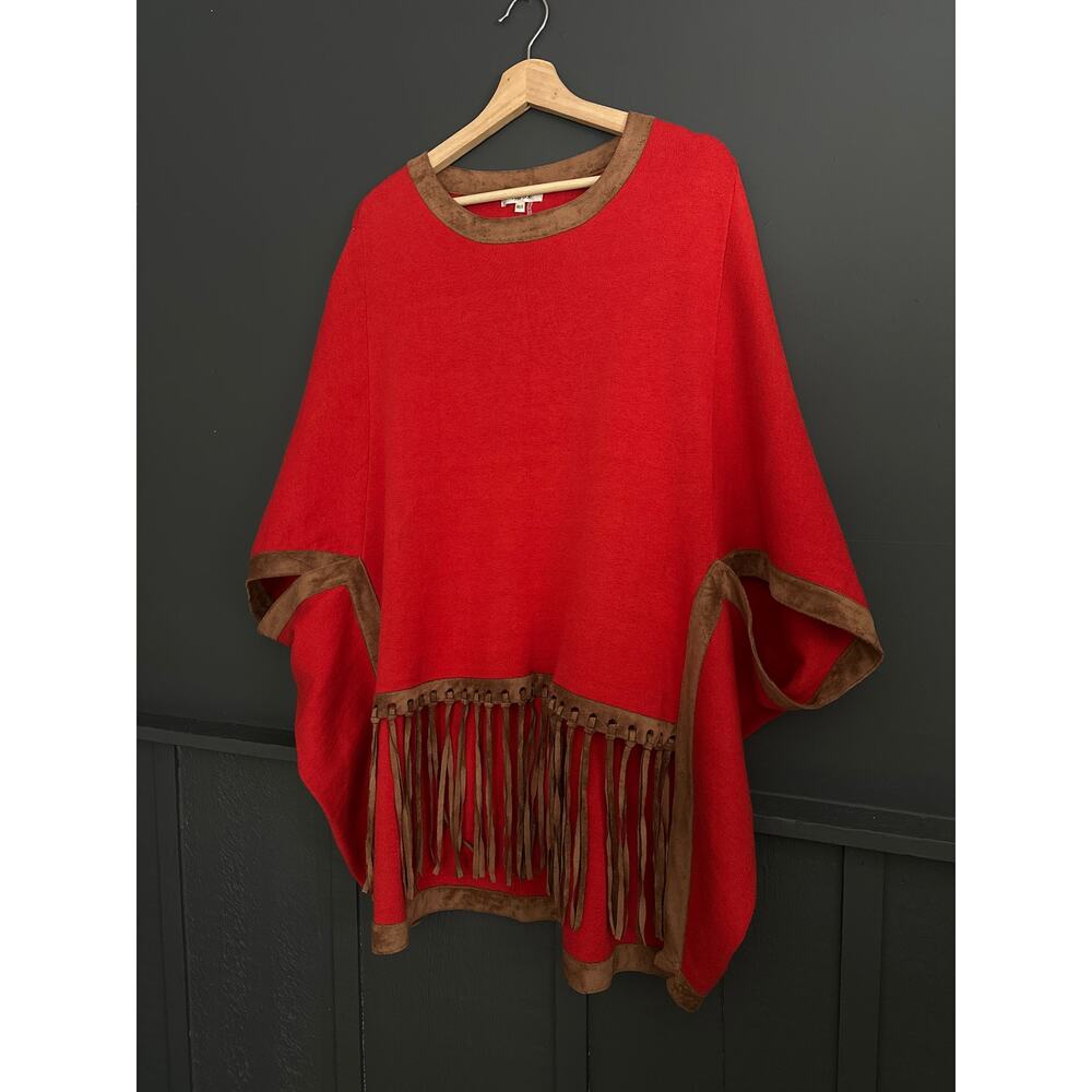 Tyler Boe Red Brown Cotton Cashmere Knit Fringe Poncho Sweater Cap Size Small XS - Picture 9 of 9